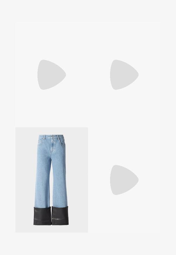 Long-sleeve top in translucent fabric featuring a brown and beige abstract pattern with yellow accents. Round neckline and fitted silhouette.; Light blue wide-leg jeans with a high waist and black leather cuffs at the hem. Features classic denim stitching and five-pocket design.; Black leather ankle boot with a smooth texture, pointed toe, and a chunky high heel. Features a side opening and minimalistic design.; Black leather handbag with a silver chain strap, featuring decorative wing accents and white stitching along the bottom seam.