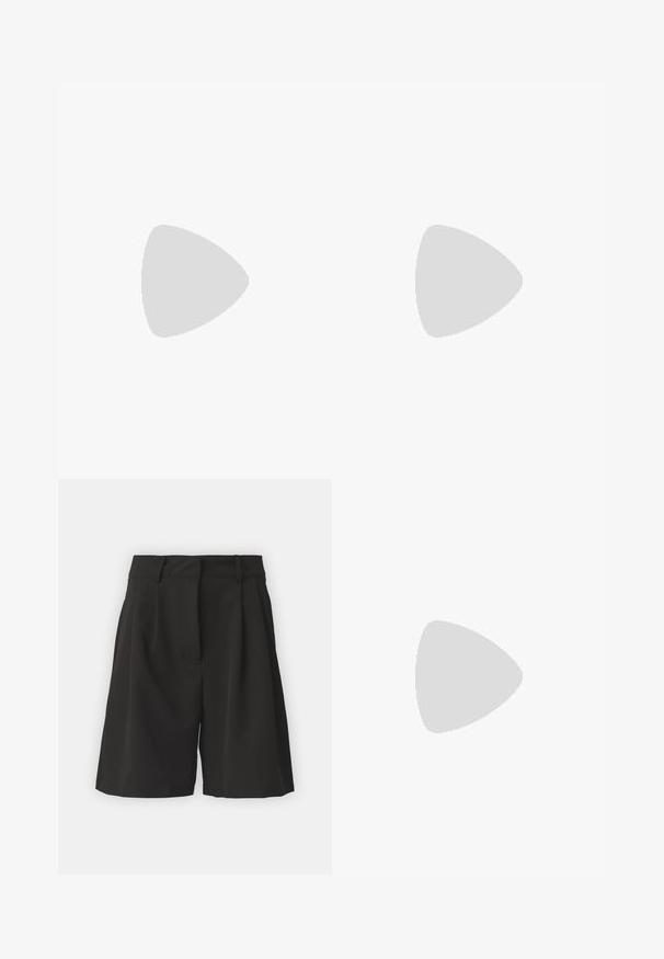 Débardeur noir à fines bretelles, avec un motif brodé, un ourlet en dents de scie et des boutons sur le devant. Fabriqué à partir d'un tissu léger.; Shorts noirs au design sur mesure, avec des plis à l'avant, une taille large et une texture lisse. Pas de poches visibles.; Baskets blanches en cuir avec une boîte à orteils perforée, semelle texturée et lacets blancs, associées à un large pantalon rouge et un fond bleu et jaune.; Trois paires de lunettes de soleil rectangulaires : une rose, une blanche, une noire. Toutes ont des verres teintés et une monture en plastique brillant.; Sac hobo noir en matériau semblable à du cuir, avec une anse torsadée, arborant une forme douce et arrondie, et une fermeture zippée sur le dessus.; Boucles d'oreilles en or avec une finition lisse et brillante. Design circulaire présentant un petit clou et une attache transparente pour un port sécurisé.