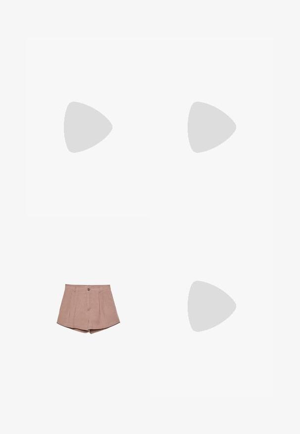 Lightweight white knitted tank top with a chevron pattern, featuring narrow shoulder straps and open weave texture.; Beige linen shorts featuring a tailored fit, pleated front, button closure, and side pockets. Smooth texture with a clean, simple design.; Patent leather pink flat shoe with a rounded toe, ankle strap, and a low block heel. Smooth texture and minimalist design.; Tortoiseshell sunglasses with rectangular lenses, thick frames, and dark tinted lenses. Smooth texture and minimalistic design.