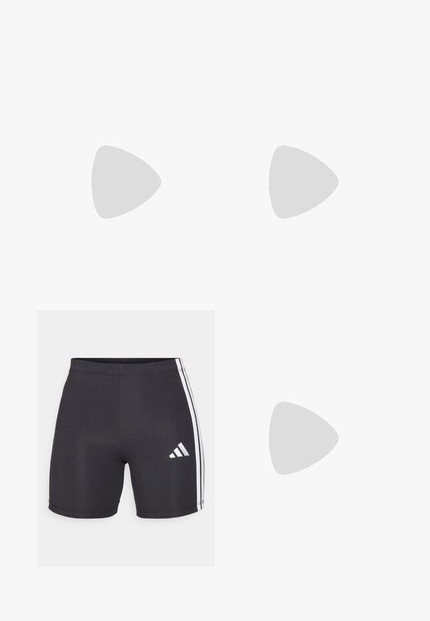 adidas Performance T-skjorte til trening - semi pink spark/white; Svarte treningsshorts laget av elastisk stoff, med hvite sidestroppene og et Adidas-logo på den nederste høyre benet. Glatt tekstur.; Hvit sportssko med svarte diagonale striper, mesh-overdel, rund tå og teksturert såle. Detaljene inkluderer en sølvfarget hæl og minimalistisk design.; Svart duffelbag med hvit Adidas-logo, laget av slitesterkt stoff. Har to håndtak og glidelås. Teksturet overflate med forsterket bunn.