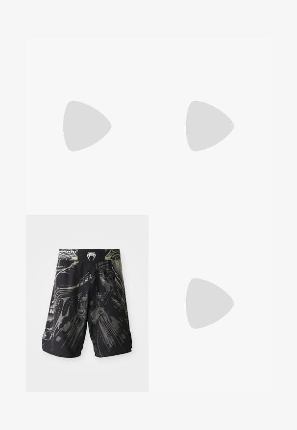 Langärmliges schwarzes Sporthemd, strukturiertes Gewebe, taillierter Schnitt, mit weißen grafischen Mustern und einem orangefarbenen Logoetikett am Saum.; Schwarze Shorts mit einem mehrfarbigen grafischen Druck, der mechanische Designs zeigt. Elastischer Bund mit einem Logo auf der Rückseite. Leichtes Material.; Hochschuh-Sportschuh aus schwarzem Mesh und synthetischem Material, mit strukturierten Akzenten, roter Gummisohle und goldenen Details am Knöchel.; Schwarze Boxhandschuhe mit matter Oberfläche und ergonomischem Design. Orangefarbene Logodetails und armeeähnlich gemusterte Handgelenkriemen.