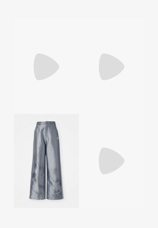 Light blue short-sleeve t-shirt with a coastal graphic print featuring palm leaves, mountains, and 'COASTAL GOLD' text in yellow and purple.; Wide-leg pants in shiny gray material, featuring white side stripes and a flame pattern on the lower legs. Button and zipper closure at the waist.; Cream sneakers with blue suede stripes, white laces, and a rubber sole. Paired with gray sweatpants featuring white side stripes.; White synthetic handbag with a triangular shape, flat front flap and bow detail, adjustable strap, smooth texture, and minimalistic design.