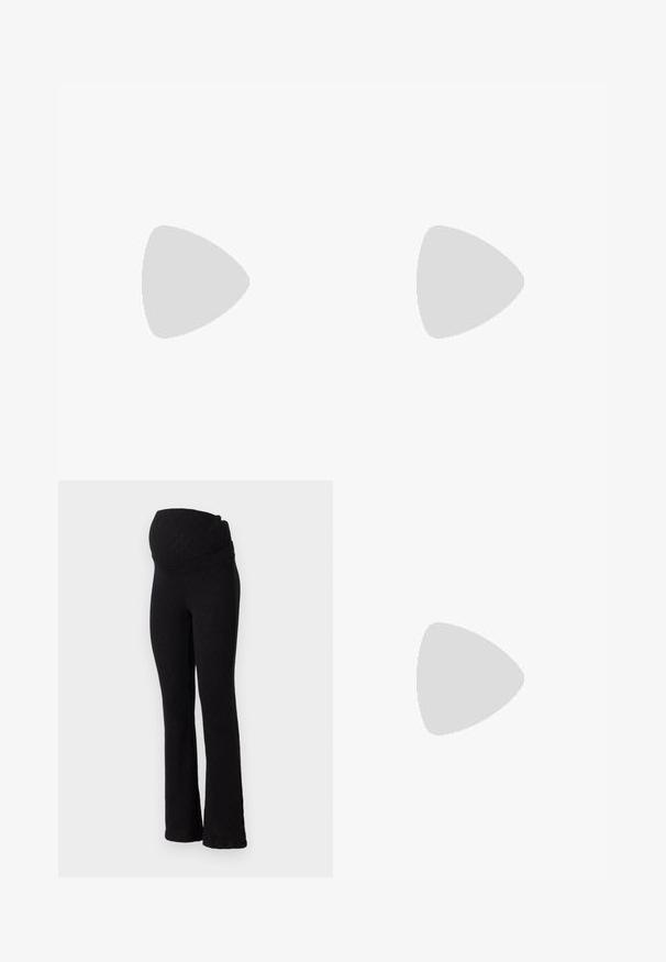 Black long-sleeve sweater with a diamond textured pattern, crew neckline, and loose fit. Fabric appears soft and slightly textured.; Black maternity leggings featuring a textured diamond pattern, wide waistband for support, and a flared bottom design.; White sneaker with a smooth synthetic upper, perforated toe box, flat laces, and a textured sole, displayed on a wooden surface.; Brown leather tote bag with double handles, features contrast stitching and a spacious design, suitable for everyday use.