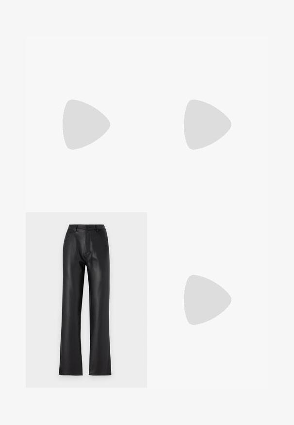 Sleeveless white ribbed tank top with a rounded neckline and a fitted shape. Smooth texture and subtle brand label at the collar.; Black faux leather pants with a straight leg design, featuring front pockets, a zip fly, and a button closure. Smooth texture.; Black ankle boots made of smooth leather, featuring a side zipper, chunky textured heel, and rounded toe design.; Black leather tote bag with smooth texture, rectangular shape, and two long handles. No visible hardware or embellishments.
