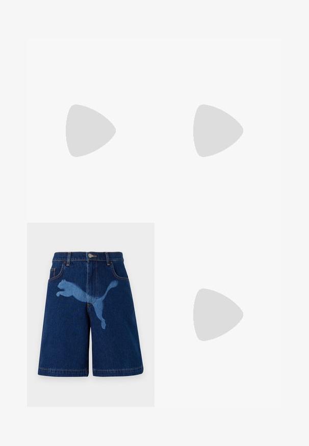 Lilac short-sleeve T-shirt with "Ripndip Plna" text, two white cats, and small white flowers printed in light purple and white on the chest.; Denim shorts in dark blue featuring a light blue silhouette of a leaping cat. Classic design with five pockets and visible stitching details.; White sneaker with a smooth synthetic upper, perforated toe box, flat laces, and a textured sole, displayed on a wooden surface.; Black sunglases with octagonal frame, dark lenses, glossy finish, thin temples, and gold accents on the front.