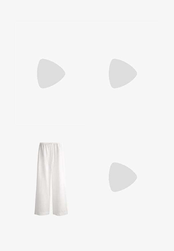 Grøn kortærmet t-shirt lavet af blødt stof. Har en rund halsudskæring og en afslappet pasform. Renset design uden synlige mønstre eller accenter.; Hvide linned vide bukser med elastisk talje, snørelukning og et løst, svævende design, der har rene kanter og ingen synlige mønstre.;  Sorte lædersandaler med tre brede stropper over foden og en justerbar ankelrem. Flad sål med minimal slidban. Simpelt design.; Sorte skildpadde-solbriller med brune linser, kantet design og brede arme med en diskret logodetail. Glat plastisk tekstur.; Vævet beige taske med et net-lignende design, der har to flettede håndtag og snørelukning, pyntet med mørke perledetaljer.