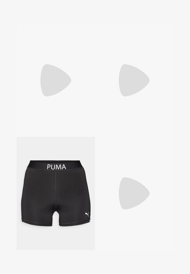 Canotta sportiva nera con design a racerback. Realizzata in tessuto liscio ed elasticizzato. Presenta un piccolo logo bianco Puma sull'orlo.; Shorts sportivi neri realizzati in tessuto elastico. Presentano un logo "PUMA" bianco sulla vita e un piccolo logo bianco sulla gamba.; Stivale in pelle nera con lacci, suola spessa e dentata, e cuciture gialle, sospeso su uno sfondo circolare giallo.; Occhiali da sole neri rettangolari con lenti scure, montatura in plastica liscia e tempie curve. Il design è voluminoso con un'estetica minimalista.