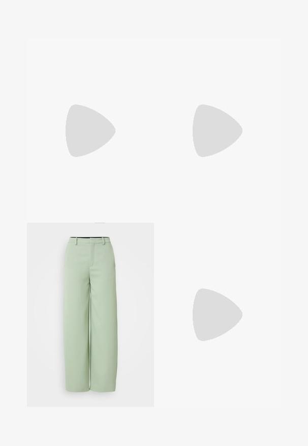 DRYKORN OLINA - Top - green; Pantaloni largi verde deschis, confecționați dintr-un material neted. Au un față plată, bucle pentru curea și o croială adaptată, fără elemente de fixare vizibile.; Pantofii plata din piele patentată neagră, cu vârf ascuțit, curea la gleznă cu cataramă și o textură netedă, strălucitoare. Toc jos pentru confort.; Cercei rotunzi din argint cu un finisaj neted și strălucitor. Design ușor, având o formă rotundă și închidere cu tijă.