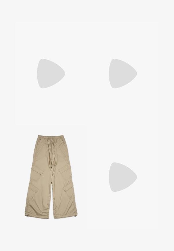 Long-sleeve top in light brown fabric, featuring a high collar, fitted shape, minimal seams, and a small logo on the chest.; Beige cargo pants with a drawstring waist, multiple side pockets, and a relaxed fit. Made of lightweight, smooth fabric with stitching details.; Nike sneakers with a beige and gray textured upper, black accents, a large "90" logo, and a white lace-up closure. Black sole.; Black tote bag with textured fabric, dual top handles, and a detachable shoulder strap. Features a zippered closure for secure storage.