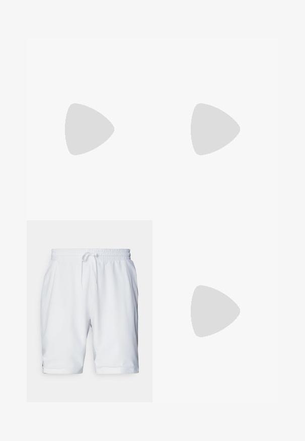 Camisola sem mangas branca feita de tecido leve, com pequenos padrões de pontos e fendas laterais. Logótipo da marca em vermelho no canto inferior esquerdo.; Calções atléticos brancos com um cós elástico e cordão ajustável. Tecido suave com uma textura subtil, apresentando bolso laterais.; Tênis de corrida leves em azul pálido com riscas pretas. Apresentam um cabedal liso, bico redondo e uma entressola espessa branca rotulada como "LIGHTSTRIKE PRO."; Óculos de sol desportivos com uma armação padrão verde, braços pretos e lentes cinzentas. O design apresenta um estilo envolvente com uma forma ousada e desportiva.