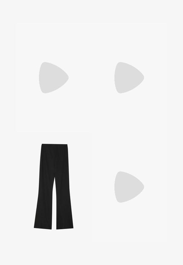 Red, fitted top with an asymmetrical one-shoulder design. Features draped fabric and a long, flared sleeve with a textured finish.; Black flared pants with a textured fabric, featuring an elastic waistband and a loose fit, designed for comfort and ease of movement.; Black patent leather slingback shoe with pointed toe, ankle straps featuring silver buckles and hardware, and a slender heel.; Gold metallic heart-shaped clutch with a chain strap and pearl clasp detail. Smooth texture, compact design for small essentials.