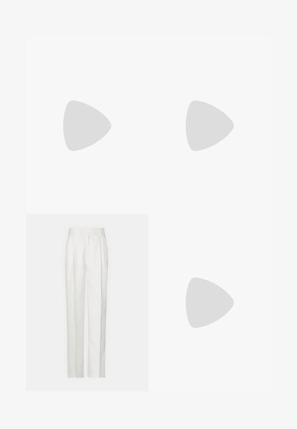 Sleeveless white mock neck top with fitted shape and smooth fabric on a plain light background.; White pinstriped trousers with a straight leg design, made from a lightweight fabric. Features pleats at the front and a traditional waistband.; White high-heeled sandal with a chunky heel, featuring a strappy design and ankle tie. Smooth texture with a platform front for added height.; Beige handbag made of soft material, featuring a slouchy design, stitched detailing, and two shoulder straps. Suitable for everyday use.