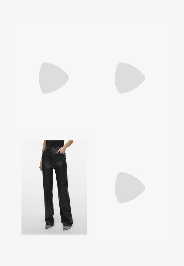 Ensemble de deux T-shirts courts à manches courtes, en noir et blanc, fabriqués en tissu côtelé, avec un col rond et une coupe ajustée.; Pantalons larges en simili cuir noir avec taille haute, poches avant et texture lisse. Portés avec des chaussures à bout pointu bleu clair.; Mule à bout pointu avec un dessus en imprimé léopard et un petit talon noir sur un fond clair.; Sac à main en cuir rouge avec un design angulaire et géométrique. Il dispose d'une seule sangle ajustable et d'une fermeture à rabat avec un detailing cousu.
