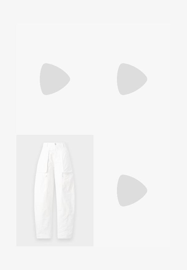 Orange sleeveless top with white accents, featuring cut-out details and a fitted design. Made of smooth, stretchy material.; White cargo pants featuring a loose fit, multiple pockets on the sides, and a textured fabric with a high waist and button closure.; Black high-heeled sandal with thin straps, an ankle buckle, a smooth leather surface, and a slender stiletto heel.; Black leather handbag with a smooth texture, gold snake-shaped hardware, and two zippered side pockets. Adjustable shoulder strap included.