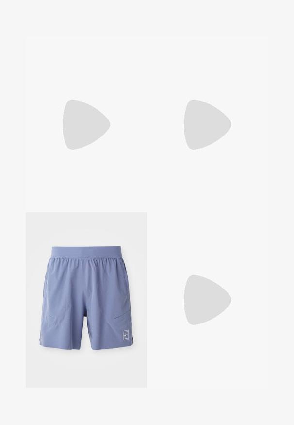 Nike tričko s krátkym rukávom v gradientných odtieňoch modrej, s mriežkovým vzorom a okrúhlym výstrihom. Vyrobené z ľahkej, priedušnej tkaniny.; Svetlomodré športové šortky s elastickým pásom, dvoma bočnými vreckami a malým bielym logom na dolnej pravej strane. Hladká textúra.; Biele športové topánky s sieťovaným zvrškom, hladkými textúrovanými prekrytiami, šedými akcentmi, šnúrkami a odpruženou podrážkou navrhnutou pre výkon.; Slnečné okuliare s bielym rámom, so sivými akcentmi a modrými zrkadlovými sklami. Športový dizajn, okrúhly tvar a nastaviteľné nosové podložky.