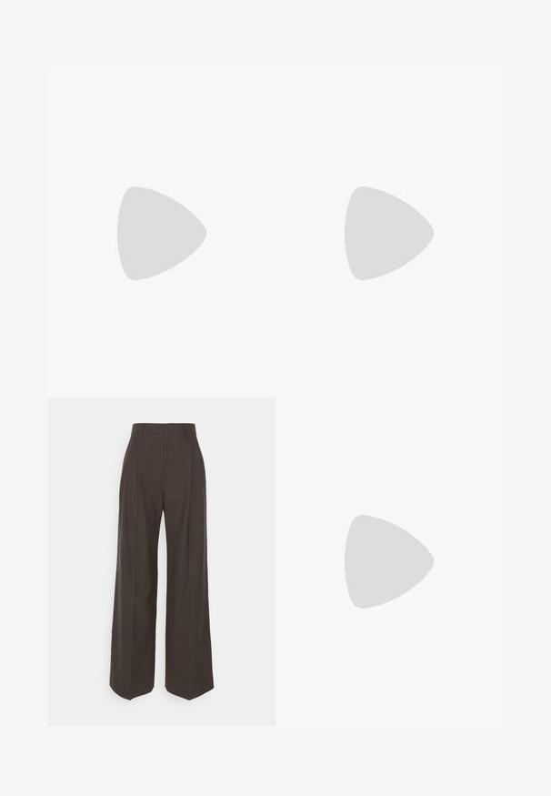 Olive green short-sleeve shirt made of textured fabric, featuring a collared neck, button front, and loose-fitting design.; Dark brown wide-leg trousers with a high waist, featuring neatly pressed creases, smooth texture, and a tailored fit.; Black leather shoe with a textured finish, rounded toe, and a small bow accent on the upper. Features a low, sturdy heel.; Dark green scarf made of soft fabric, featuring a clean design and fringed edges for added texture.