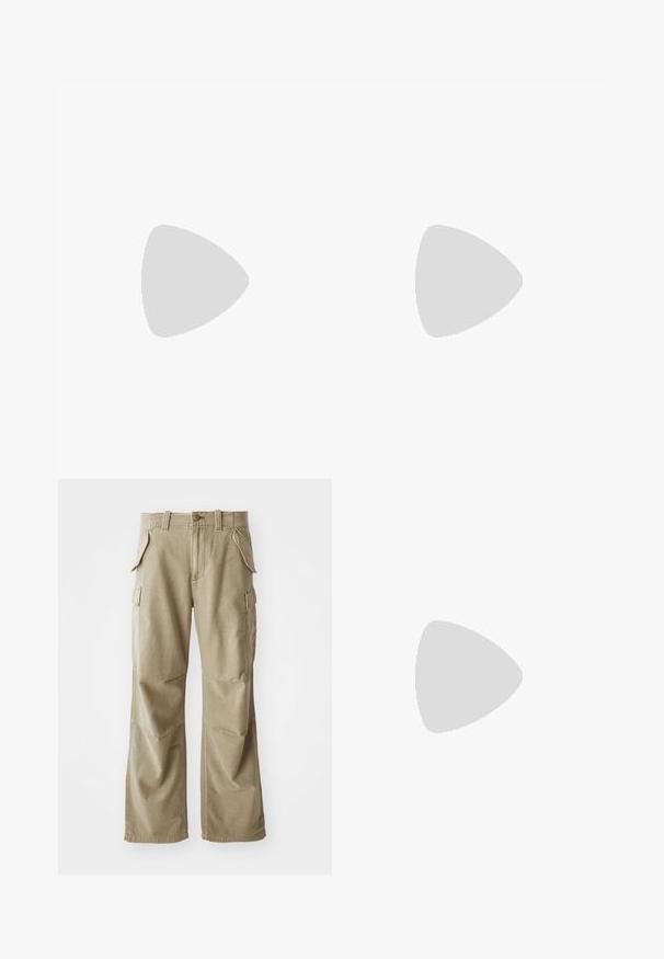 Two white cotton t-shirts with short sleeves, round necklines, and Lee branding on the tags. Smooth texture, classic fit, no additional patterns.; Beige cargo pants made of durable fabric, featuring a relaxed fit, multiple side pockets, and reinforced knees. Flat front design.; Black leather lace-up shoe with a rounded toe, textured rubber sole, and yellow stitching around the base. Flat design and smooth finish.; Black leather crossbody bag with a flap, two silver buckles, yellow stitching, and an adjustable strap. Features a smooth texture and compact design.