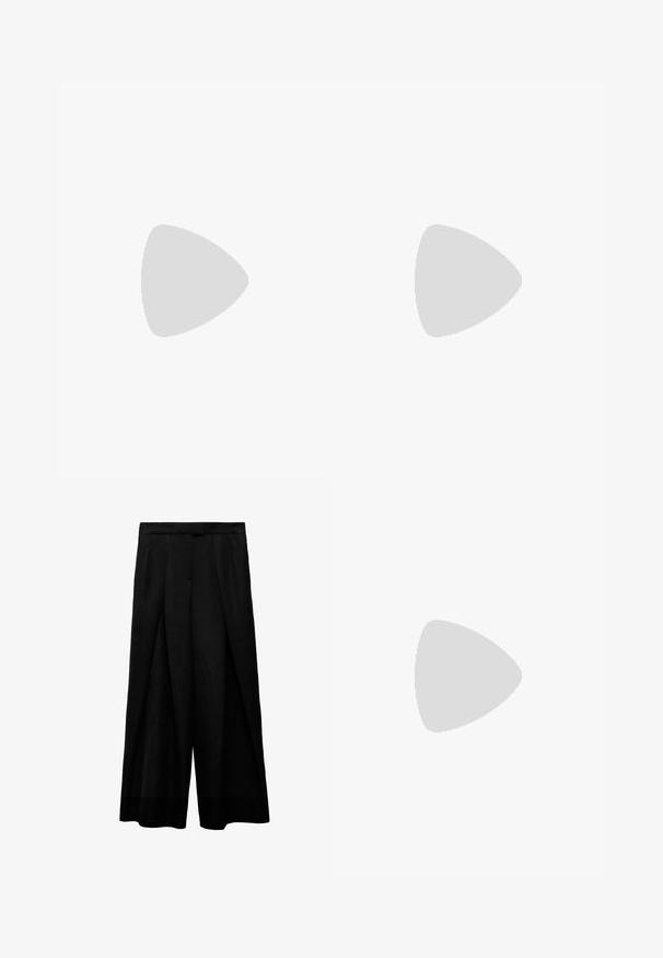 Black sleeveless top with a draped asymmetrical design, tie detail at the side, made from soft fabric, featuring a smooth texture.; Black wide-leg trousers with a high waist, featuring front pleats, a smooth texture, and a fitted waistband. No visible pockets.; Black leather ballet flat, pointed toe, minimalistic design, smooth texture, low-profile heel, no visible hardware or embellishments.; Crochet bag in light beige, featuring a textured pattern. Gold chain strap, with decorative studs along the edges for added detail.