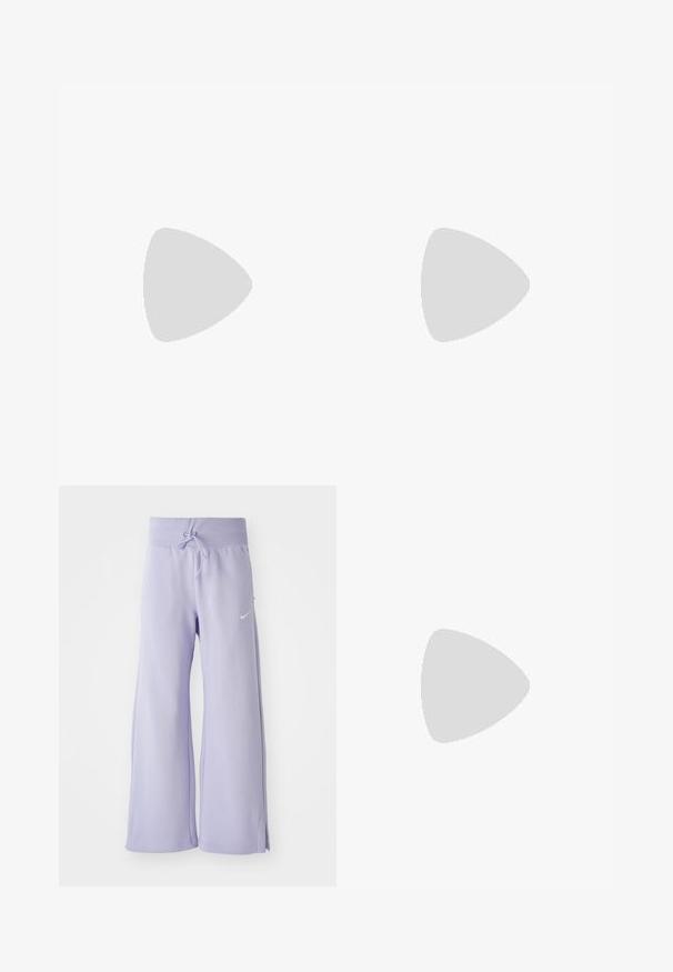 Lavender cotton t-shirt with short sleeves, round neckline, and a small white logo on the left chest. Smooth texture and relaxed fit.; Light purple wide-leg sweatpants with a drawstring waistband, featuring a small white Nike logo on the left side and side slits at the hem.; Chunky white sneakers made of textured mesh and synthetic materials, featuring a thick sole and intricate pattern details along the sides.; Gold-tone hoop earrings with a smooth, polished finish. Features a half-circle shape and a secure post closure.