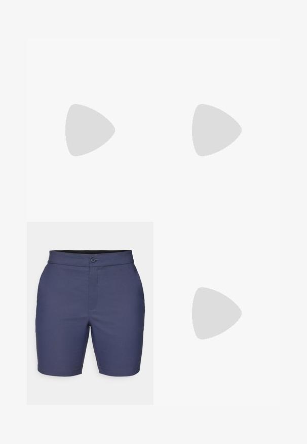 White cotton t-shirt with short sleeves, crew neck, and blue graphic print featuring two cartoon characters and text "more espresso, less depress".; Navy blue shorts made of smooth fabric, featuring a button closure, belt loops, and a tailored fit with a clean hemline.; Athletic shoe featuring a black and red textile upper with mesh panels, a cushioned white midsole, and textured black outsole.; Sport sunglasses with a black frame, large gradient lens featuring purple and green hues, and angular design accents with logo detail.