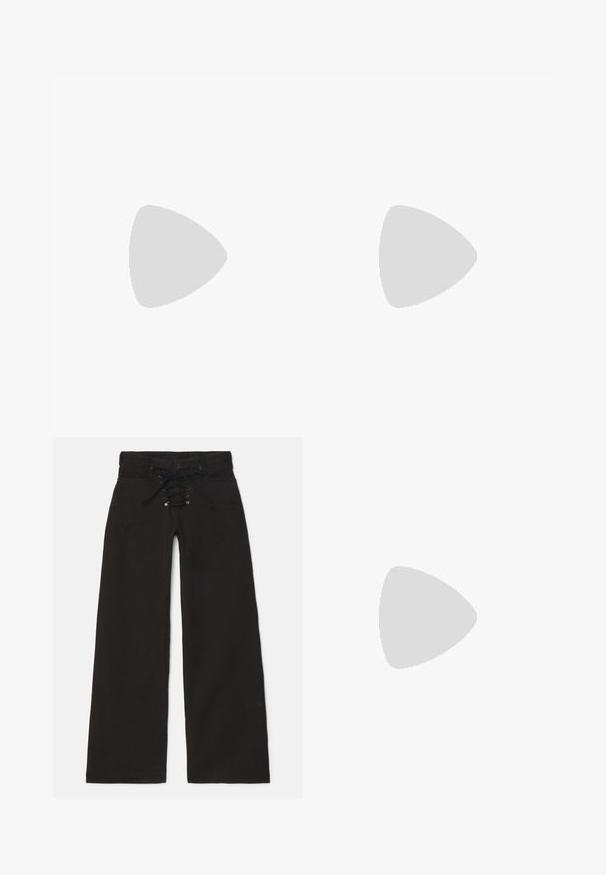 Long-sleeve top in dark purple fabric featuring a tonal dragon graphic, slim fit, round neckline, and gathered sleeve cuffs.; Black wide-leg pants with a high waist, featuring a lace-up front closure and snap button. Made of denim with a smooth texture.; Pointed-toe slingback heel in dark brown glossy faux crocodile leather. Features a gold-tone geometric heel and adjustable ankle strap.; Black leather crossbody bag with two front pockets, gold buckles, zipper closure, and a slim strap. Textured surface and compact rectangular shape.