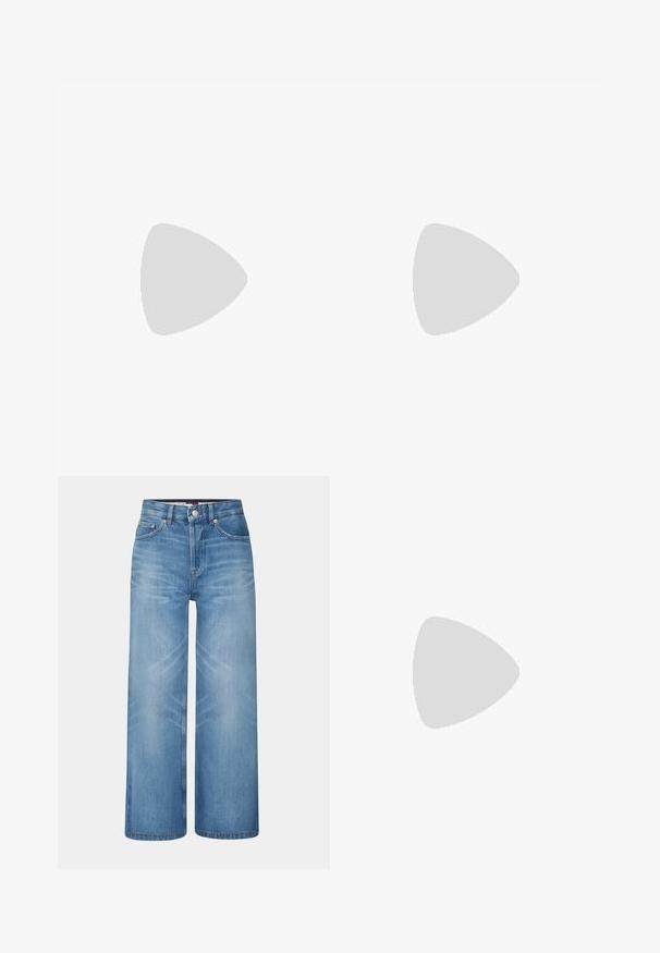 Two fitted short-sleeve tops: one black and one off-white. Both feature a square neckline and ribbed texture, with a smooth finish.; Light blue wide-leg jeans in denim fabric with a high waist, featuring five pockets and subtle fading throughout.; Black leather loafer with a decorative gold buckle. Features a smooth surface, rounded toe, and a low block heel with textured sole.; Brown leather shoulder bag with a textured finish, curved shape, gold-tone hardware, adjustable strap, and flap closure.