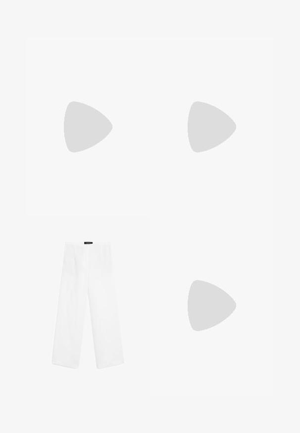 Diane von Furstenberg MACKENZIE - Long sleeved top - black; White linen wide-leg pants with a smooth texture, featuring a mid-rise waist, two front pockets, and a simple design.; Black strappy sandal with a square toe and a low block heel. Features multiple thin straps and an adjustable ankle strap. Made of smooth leather.; Black leather handbag with a curved shape, featuring a prominent gold oval clasp, adjustable strap, and minimalistic design.