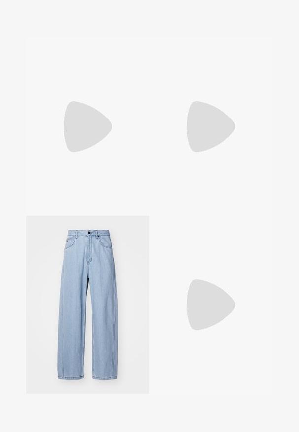 T-shirt preta com um design gráfico que apresenta anéis olímpicos coloridos, uma silhueta de bicicleta abstrata e um motivo de coroa. Confeccionada em tecido de algodão.; Jeans de ganga azul claro com um design de pernas largas, apresentando bolsos frontais, fecho de botão e costuras detalhadas ao longo das costuras.; Sapatilha de couro branco com acabamento suave, bico redondo, atacadores planos e uma sola texturizada. Apresenta um logotipo discreto no calcanhar.; Óculos de sol redondos pretos com lentes escuras e hastes metálicas finas. Inclui pontas de templo transparentes e detalhes em prata na dobradiça. Design minimalista.