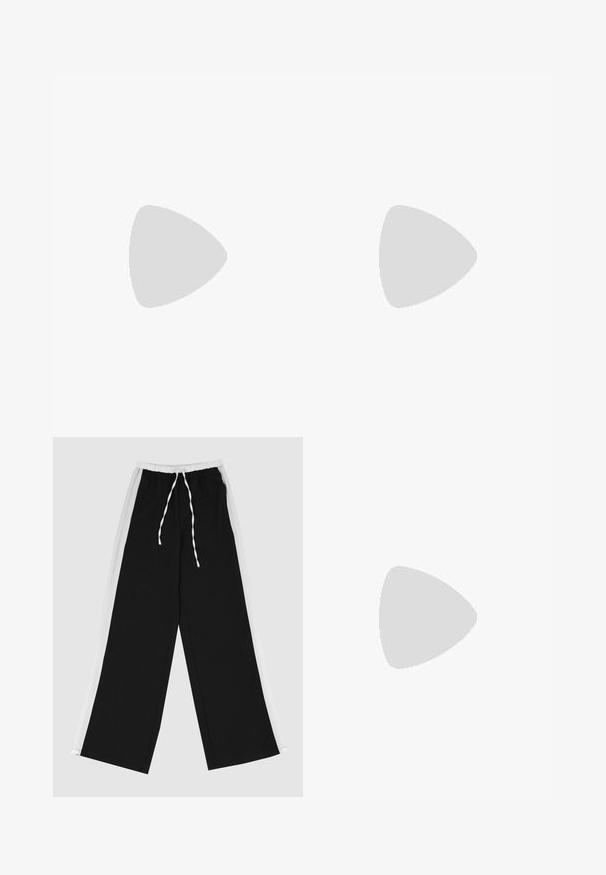 Světle modrý sportovní crop top vyrobený z hladkého materiálu, s designem racerback a logem v tmavší modré barvě na pase.; Černé kalhoty s širokými nohavicemi a bílým bočním pruhem, elastickým pasem a šňůrkou. Vyrobeno z měkké, hladké látky pro pohodlí.; Černé kožené boty s oválnou špičkou, silnou platformou a dekorativním šněrováním. Hladký povrch a viditelné kontrastní švy.; Černá taška přes rameno vyrobená z polstrované tkaniny, se vlnitou strukturou, dvěma robustními uchy a obdélníkovým tvarem. Jednoduchý, moderní design.