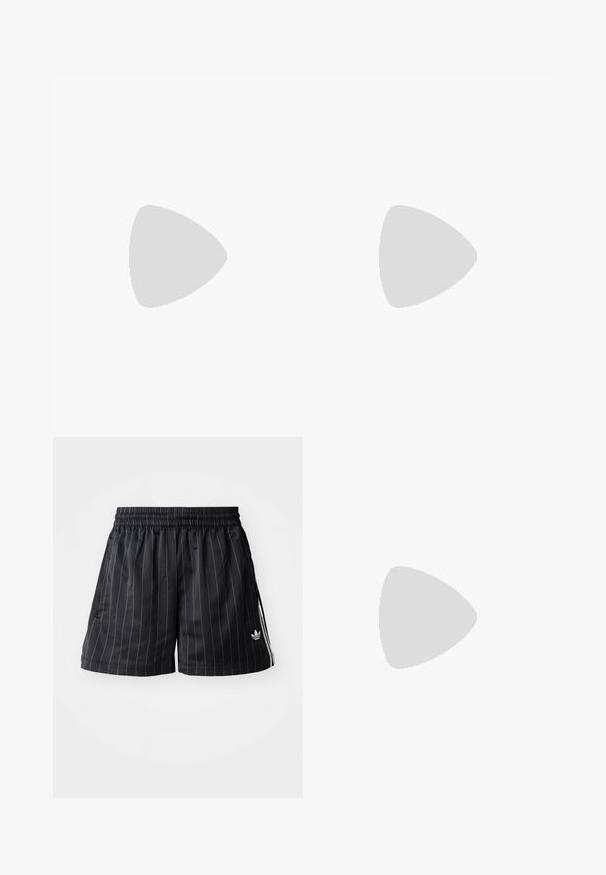 Polo shirt bianca a maniche lunghe tagliata con colletto a ribattino, pattella con bottoni e una superficie in cotone liscia. Senza motivi o particolari.; Pantaloni sportivi neri con righe verticali bianche, vita elastica e tasche laterali. Presenta il logo del marchio in bianco nella parte inferiore sinistra.; Scarpa piatta nera in pelle con punta arrotondata e tacco basso, progettata per un uso casual o formale.; Occhiali da sole neri con lenti ovali, montatura in plastica lucida e stecche sottili. Presentano il logo Ray-Ban in bianco sul lato.