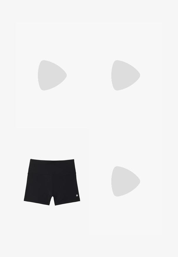Schwarzes, kurzes Shirt mit einem wirbelnden Muster. Hergestellt aus elastischem Stoff mit Rundhalsausschnitt und kurzen Ärmeln. Horizontal gerippter Saum.; Schwarze Sportshorts aus dehnbarem Material, mit einem hohen Bund und einem kleinen weißen Logo in der unteren rechten Ecke.; Weisses Sportschuh mit einem Obermaterial aus Mesh, flachen Schnürsenkeln und einer auffälligen Sohle mit segmentierter Dämpfung und dezenten grauen Akzenten.; Sonnenbrille mit einem schwarz-weißen Rahmen, großen verspiegelten Gläsern in Gold- und Rosatönen, aerodynamischem Design und einem erweiterten äußeren Rand.