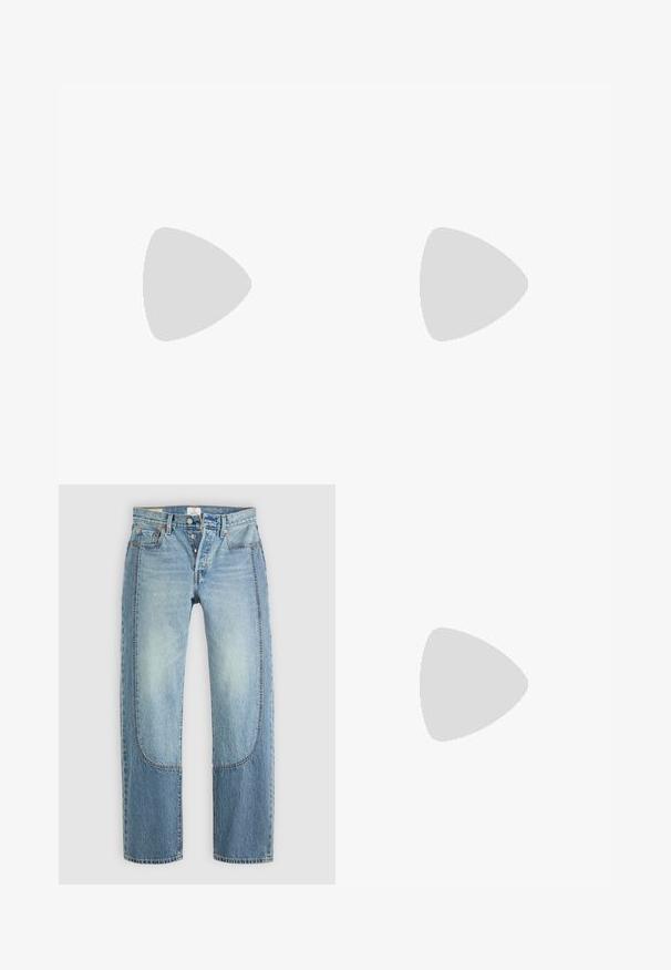 Light blue cotton t-shirt with short sleeves, featuring a white rectangular "LEVI'S" logo on the front and a loose fit design.; Light blue denim jeans with a straight, loose fit, featuring contrasting panel details and a five-pocket design. Button fly closure.; Brown suede boat shoes with laces, featuring a rounded toe and stitched accents. Worn with white corduroy pants in a wooden setting.; Sunglasses with angular black frames on model with a gray sweater, showcasing textured knit and a black leather jacket worn by another model.