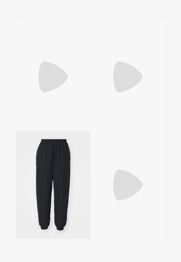 Mustat hihattomat paidat, joissa on korkea kaulus. Valmistettu sileästä, joustavasta kankaasta, jossa on logo painettuna kaulukseen. Minimalistinen muotoilu.; Mustat, kevyet, elastisella vyötäröllä varustetut collegehousut, joissa on rento istuvuus, sivutaskut ja pieni valkoinen Nike-logo vasemmalla puolella.; Valkoiset urheilukengät, joissa on hopeiset yksityiskohdat, verkkokangas- ja synteettinen päällinen, ilmatäyttö, rei'itys hengittävyyden parantamiseksi ja kumipohja.; Mustat kissansilmäaurinkolasit, joissa on matta pinta, harmaansiniset linssit, terävät kulmat ja tyylikkäät sivuvarret. Brändin nimi näkyy sisävarsissa.; Monivärinen käsilaukku mustasta, valkoisesta ja beigestä verkosta. Siinä on teksturoitu kahva, nauhatyyppinen muotoilu ja irrotettava olkahihna.