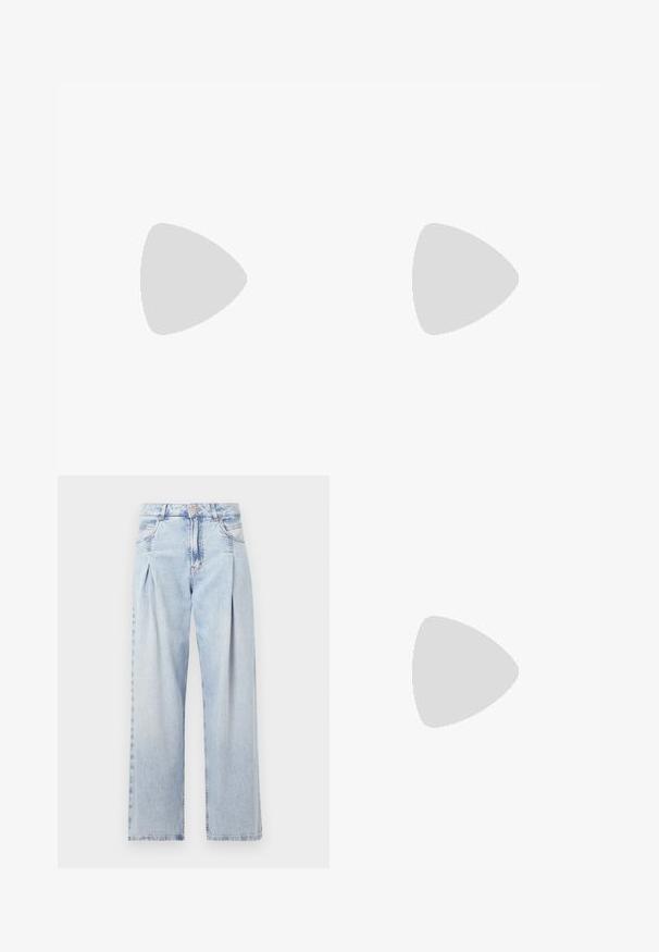 Long-sleeve top in soft, smooth beige fabric. Features a round neckline and a fitted design. Minimalistic with no notable patterns or accents.; Light blue denim jeans with a high waist, wide-leg cut, two side pockets, and pleated design feature. Soft texture with a faded finish.; Black leather slingback heels with a pointed toe, featuring a slim heel and a gold-tone accent on the adjustable strap. Smooth texture.; Black leather handbag with a structured design, featuring a cropped shape, top handle, and gold hardware accent. Adjustable shoulder strap included.