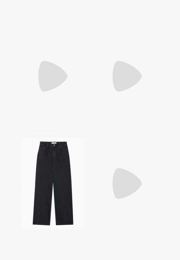 White cotton t-shirt featuring a black and white print of a French Bulldog wearing sunglasses and a chain necklace, with text below.; Black high-waist wide-leg denim jeans with front button and zip closure, belt loops, and five-pocket styling.; Black strappy sandal with a square toe and a low block heel. Features multiple thin straps and an adjustable ankle strap. Made of smooth leather.; Black resin bangle bracelet with a smooth, shiny surface and rounded edges. Features a small gold "Pilgrim" logo on the interior.