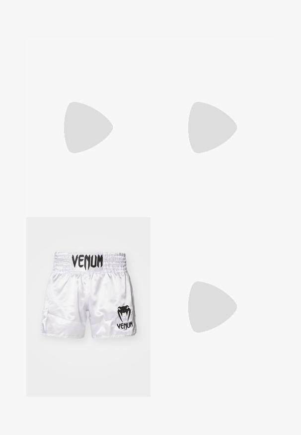 Svart langermet genser med kvart glidelås, laget av et glatt stoff. Har en hvit logo på venstre brystområde.; Hvite sateng bokseshorts med svart elastisk liv. Har en svart "VENUM"-logo på livet og et logo-grafikk på venstre ben.; Høye idrettssko med svart nettverksutside og beige detaljer. Teksturert gummisåle og logo på siden.; Svarte boksinghansker med matt finish og ergonomisk design. Oransje logo-detaljer og håndleddsstropper med kamuflasjemønster.