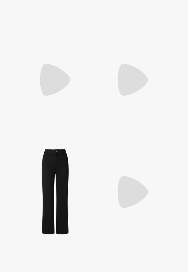 Black knitted polo sweater with long sleeves, a flat collar, and three-button placket. Features ribbed cuffs and hem.; Black, high-waisted trousers with a straight leg design, made from smooth cotton fabric. Features front pockets and a simple metal button closure.; Black leather pump with a rounded toe and mid-block heel. Smooth texture with minimal detailing, featuring a subtle elastic opening.; Dark blue denim bag with a soft, slouchy shape, featuring a hobo-style handle and textured surface. No visible hardware accents.