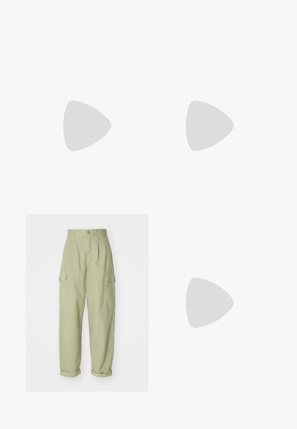 Gray ribbed long-sleeve top with a rounded neckline, made of soft textured fabric; features a slightly flared hem for a relaxed fit.; Light green cargo pants made from cotton fabric. Features a high waist, rolled cuffs, and two side cargo pockets for added utility.; Light grey suede sneaker with white leather accents, three white stripes, and a brown rubber sole, featuring a padded collar for comfort.; Silver hoop earrings with a smooth, polished finish. Round shape and secure click-top closure. Lightweight design suitable for everyday wear.