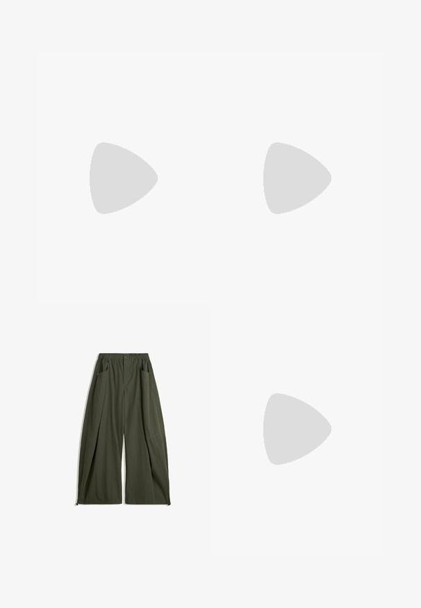 Maiou sportiv negru, fără mâneci, realizat dintr-un material neted, cu un guler rotund și un logo alb în partea stângă sus.; Pantaloni evazați din material verde măsliniu, cu un brâu elastic, două buzunare laterale și un finisaj texturat.; Cizmă ankle din piele patent neagră cu cusături albe, vârf rotund și toc pătrat. Prezintă linii de design curbe și o textură netedă.; Geantă de mână din piele neagră cu o formă structurată, o textură netedă și o singură curea de umăr. Are un design subtil cu clapetă rotunjită.