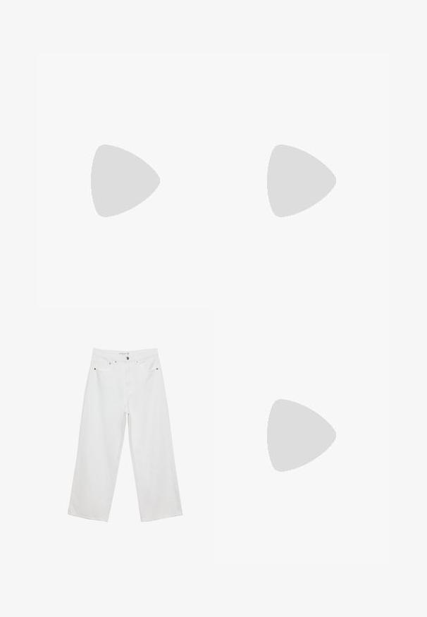 Black and white striped long-sleeve top with scoop neckline and buttoned placket at the front. Soft fabric, relaxed fit.; White wide-leg jeans made of denim with a high waist, featuring five pockets and metal hardware accents. Smooth texture, no visible patterns.; Blue suede shoes with pink stripes and white laces, featuring a gum rubber sole, paired with loose denim pants on a green surface.; Beige leather handbag with a unique shape, featuring two short handles and a long adjustable strap. Smooth texture with minimal hardware.