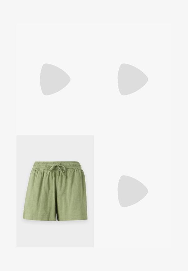 Svart bomull T-skjorte med et fargerikt grafisk trykk av en hula-danser, palmer og teksten "Billabong" i fet skrift.; Lysegrønne bomullsshorts med elastisk midje og snor. Har sidelommer og en teksturert stoffoverflate.; Hvite lær sneakers med beige semsket detaljer, perforert tåboks, flate lisser og en teksturert kremfarget såle. Har subtil branding på hælen.; Lilla tonet rektangulære solbriller med tynn gullmetallramme. Har klare neseputer og lyse lilla plasttempeltips.