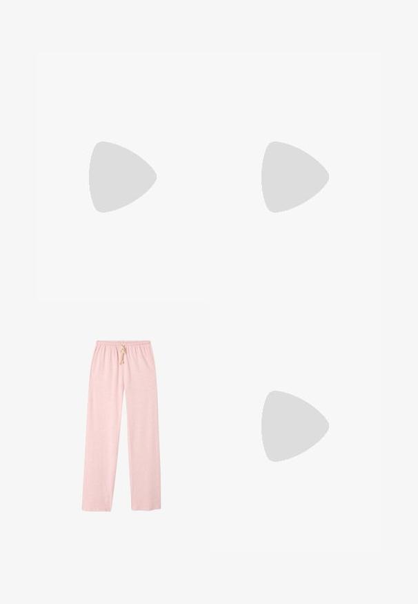 Light pink short-sleeve t-shirt made of ribbed fabric, featuring a round neckline and a relaxed fit. Simple and seamless design.; Light pink, cotton lounge pants with a loose fit, elastic waistband, and drawstring detail. Smooth texture, full-length design.; Black flip-flop featuring a textured rubber sole, two slender straps, and a subtle, embossed logo detail on the strap.; Tortoiseshell eyeglasses with oval lenses and a sleek, smooth finish. Features thin sides with a subtle curve at the temples. Clear lenses.