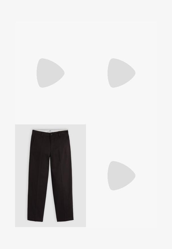 Lühikeste varrukatega kootud särk heledast pruunist tekstuurist lõngast, millel on kraega V-kaelus. Omab diagonaalset mustrit üle kogu pinna.; Mustad sirged põlvpüksid, millel on vöökohad, nööbi sulgemine ja küljetaskud, esitlemine helesinise halli taustal.; Prunadest nahkkingad ümmarguse varbaga, õmmeldud detailide ja madala kummitaldaga. Disain sisaldab riba üleval.; Mustad musta plastiku päikeseprillid tumedate läätsede, kõverate raamide ja nurkadega disainiga. Külgedel on väike roheline logo.