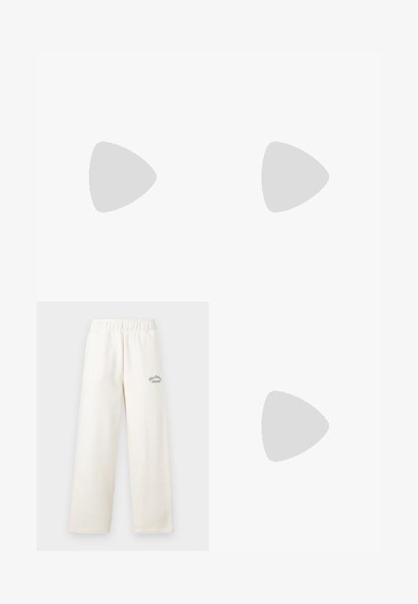 Lavender cotton t-shirt with short sleeves, featuring a circular sun graphic and astrology symbols in a darker purple. Crew neckline.; Cream-colored wide-leg pants made from soft material with an elastic waistband. Features subtle green embroidered text on the front.; Lightweight sneaker featuring a mesh and suede upper in soft cream tones, with a chunky sole and three-dimensional accents.; Beige handbag made of soft material, featuring a slouchy design, stitched detailing, and two shoulder straps. Suitable for everyday use.