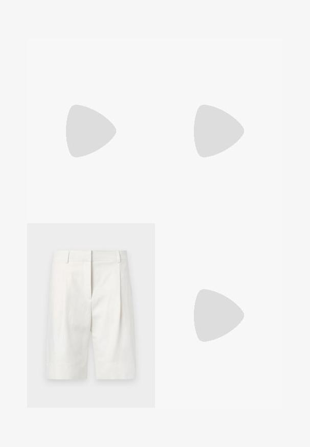 White oversized T-shirt with a subtle floral pattern, short sleeves, a round neckline, and a smooth texture. Brand label visible inside.; Light-colored tailored shorts made of cotton, featuring a flat front, pleats, and a straight cut. Smooth texture with a classic finish.; Black heeled sandals with a slender strap design, square toe, and a mid-height block heel. Made from smooth leather with a matte finish.; Calvin Klein BOLD SMALL SHOULDER BAG - Handbag - white