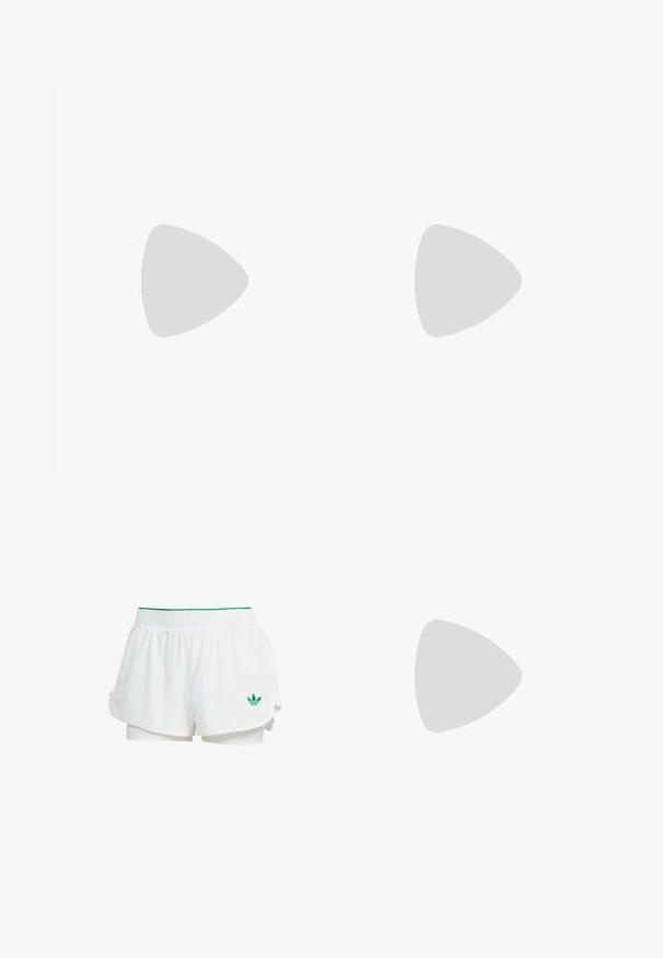 Roze sportieve tanktop met een hoge halslijn, vervaardigd uit gladde stof. Voorzien van witte zijstrepen en een klein wit logo op de borst.; Witte sportieve shorts met een gelaagd ontwerp, elastische tailleband, groene accenten en een klein groen logo aan de linkerkant onderaan.; Witte sportieve schoenen met een sokachtige design, een bovenkant van mesh en een getextureerde tussenzool, gecombineerd met witte sokken met een zwart logo.; Sportzonnebril met een beige frame, grote bruine lenzen, hoekig ontwerp en unieke groene accenten. Heeft een logo aan de zijkant.