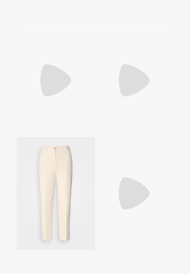 Navy blue cotton t-shirt, crew neck, short sleeves, featuring a white graphic logo with "GANT," “EST. 1949,” and “NEW HAVEN.”; Cream-colored, high-waisted trousers made of textured fabric. Features a front button closure and tapered legs.; Beige block-heeled sandals with thin straps and a square toe. Smooth material with minimal detailing, designed for easy wear.; Cream-colored handbag with a textured finish, curved shape, short handle, and gold-tone logo detail. Zipper closure at the top.