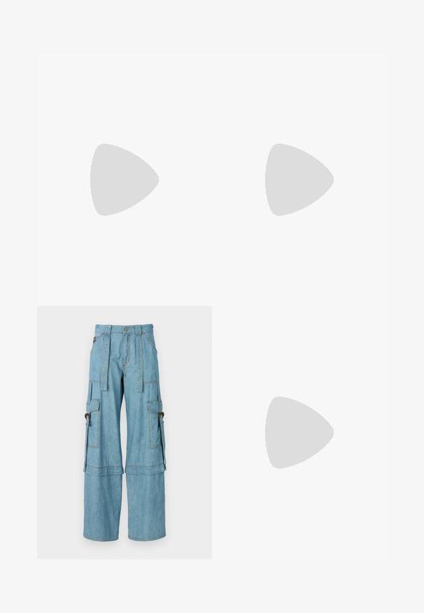 Light blue, short-sleeve t-shirt with a fitted design. Features mesh accents on shoulders and an embroidered logo patch at the front.; Light blue cargo pants made of denim, featuring wide legs, multiple pockets, and metal accents with visible stitching.; Black leather high-heeled sandals featuring a square toe, two thin straps, and a decorative gold buckle with ornate detailing on the side.; White sunglasses with angular frames, black lenses, and gold medallion accents on the temples. Made of plastic with a smooth texture.