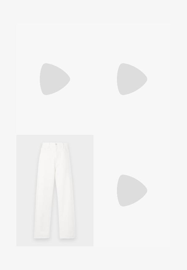 T-shirt sans manches gris en tissu mélangé coton. Présente un col rond et un petit logo brodé sur la zone du cœur à gauche.; Pantalon en denim blanc à taille haute, coupe droite, coutures visibles, style à cinq poches et fermeture à bouton en métal.; Baskets blanches en cuir avec des accents en daim beige, boîte à orteils perforée, lacets plats et semelle texturée crème. Présente un logo discret au talon.; Lunettes de soleil rectangulaires teintées de violet avec une fine monture en métal doré. Comprend des plaquettes de nez transparentes et des embouts de branches en plastique violet clair.