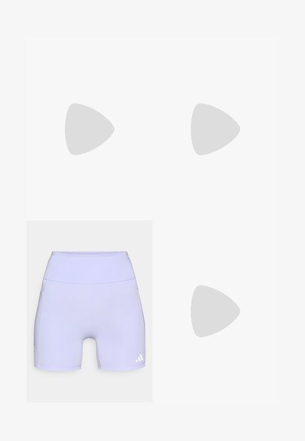 T-shirt de manga curta bege feito de tecido macio, apresentando um destacado logotipo Adidas de três riscas brancas no peito. Gola redonda clássica.; Bermudas atléticas lilás feitas de tecido elástico, com uma cintura alta e costuras laterais, apresentando um detalhe de logótipo branco na parte inferior.; Sapatilha atlética leve em amarelo pálido e creme, com um upper de malha texturizada, três riscas diagonais e uma sola grossa com detalhe "LIGHTSTRIKE PRO".; Óculos de sol desportivos com uma armação preta elegante, detalhes em roxo e lentes escuras. Apresenta um design envolvente com ranhuras de ventilação.
